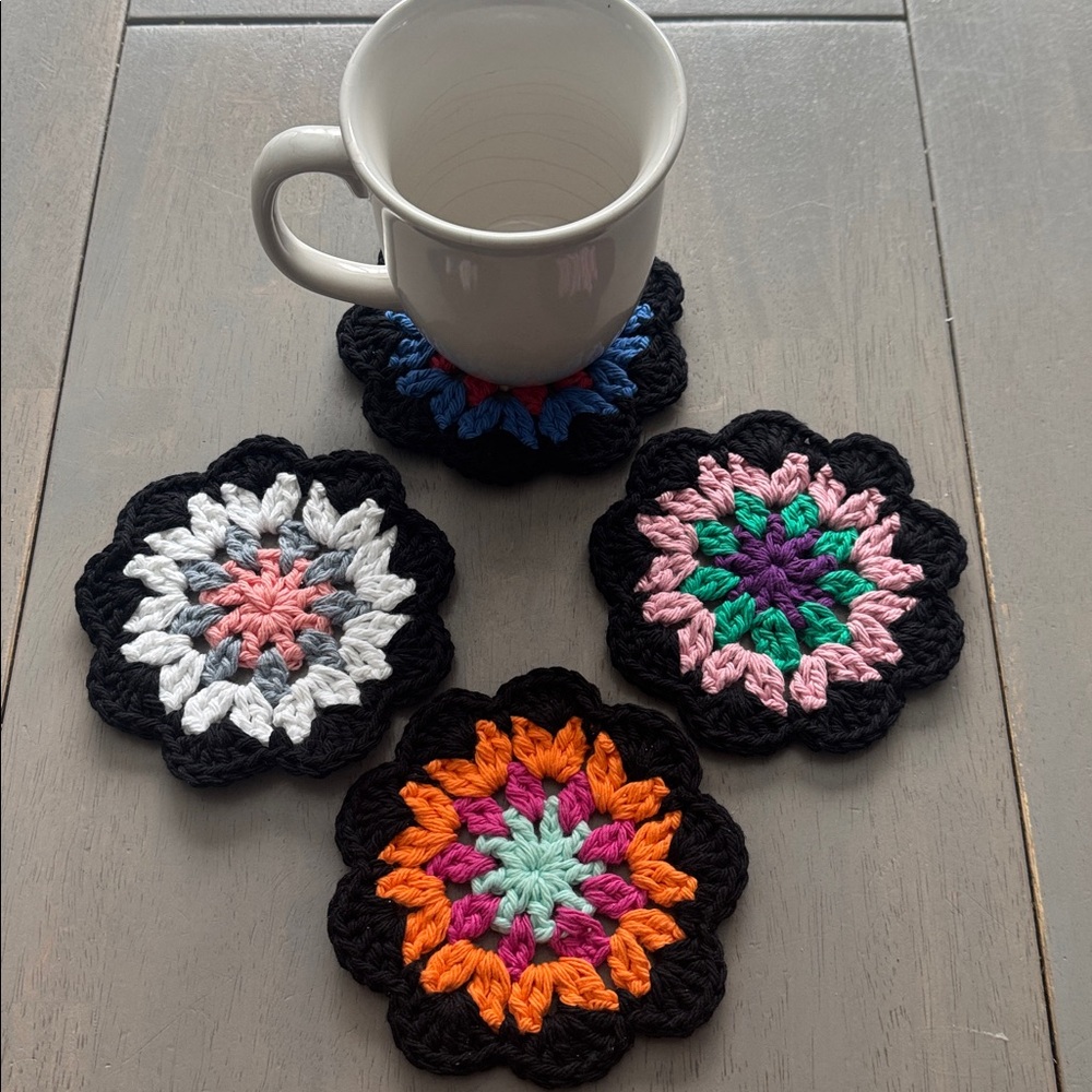 Crochet Coaster Set of 4 Hand Crafted Crochet Granny 100% Cotton Made By Seller - Picture 3 of 5